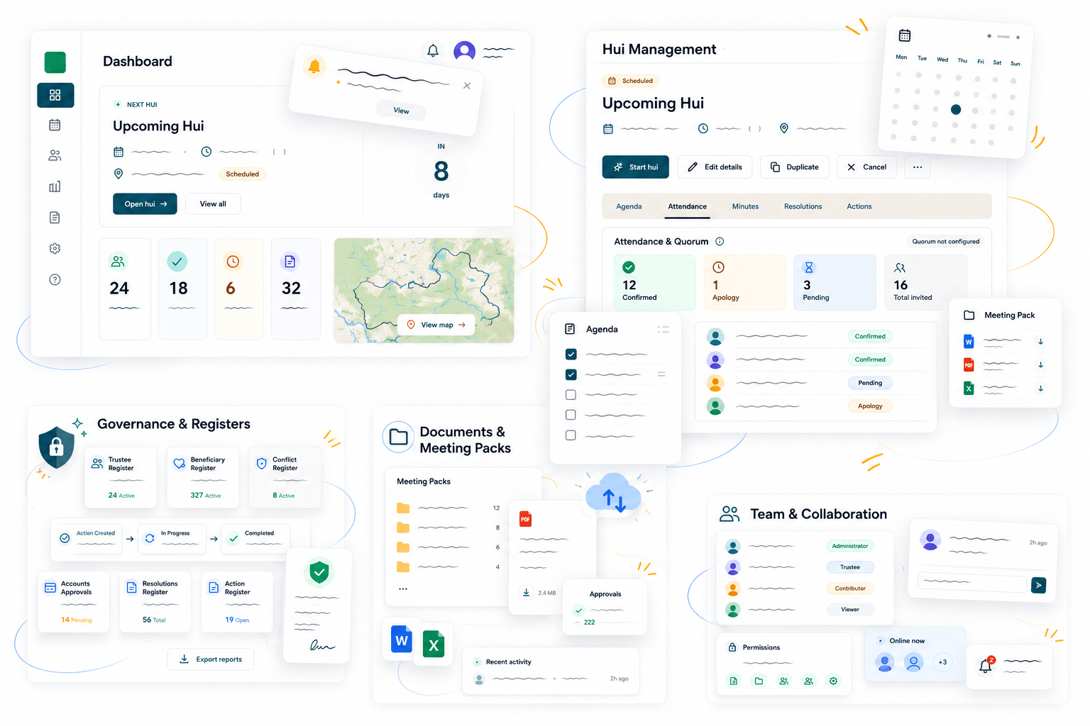 Tohu Governance platform dashboard showing hui management, registers and document repository views